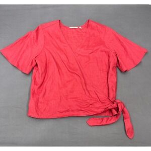 Soft Surroundings Avonia Red 100% Linen Wrap Top Short Sleeve V-Neck Blouse XL
